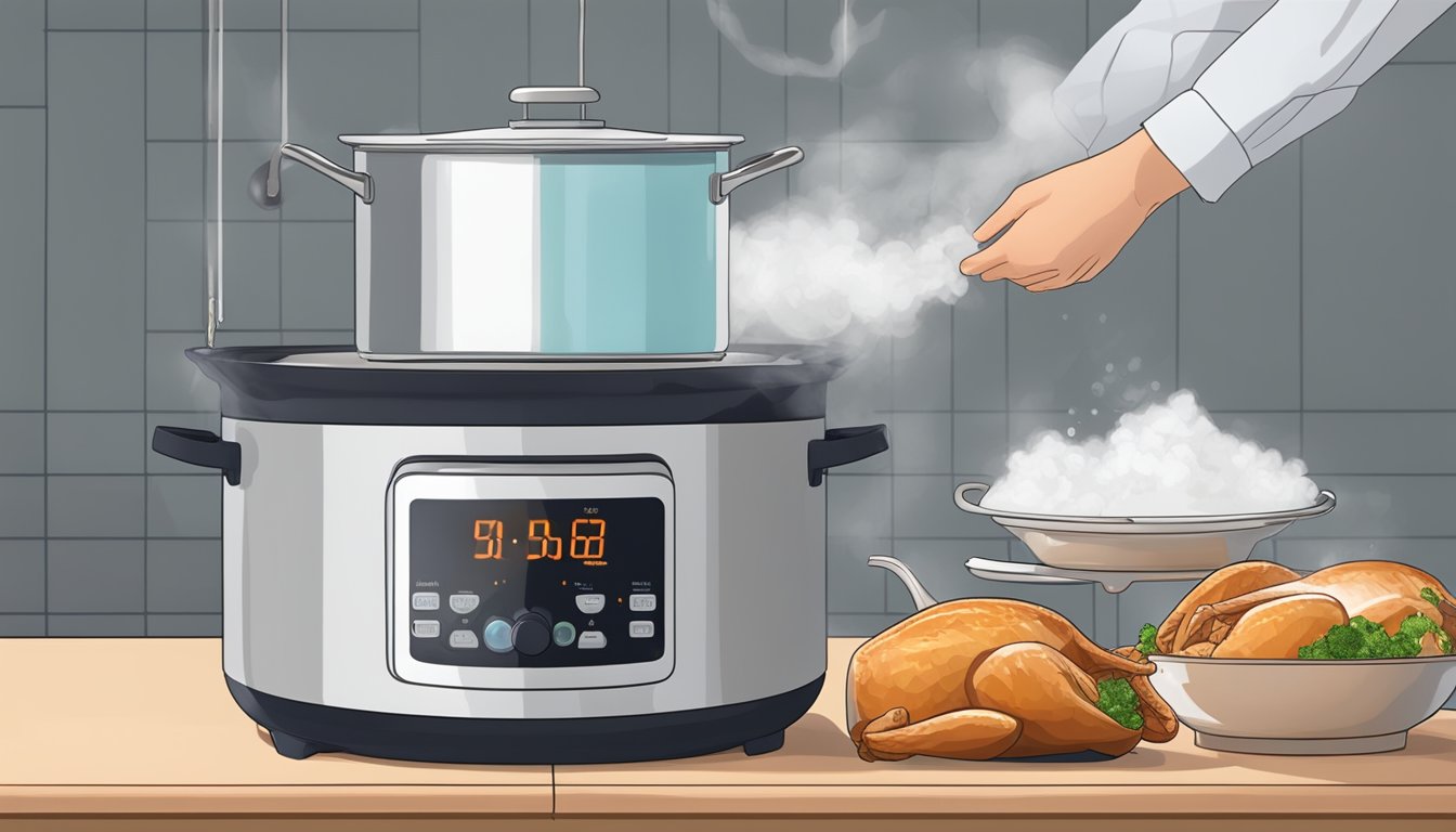 A pot of boiling water with a fresh turkey breast being carefully lowered in, steam rising and a timer set nearby