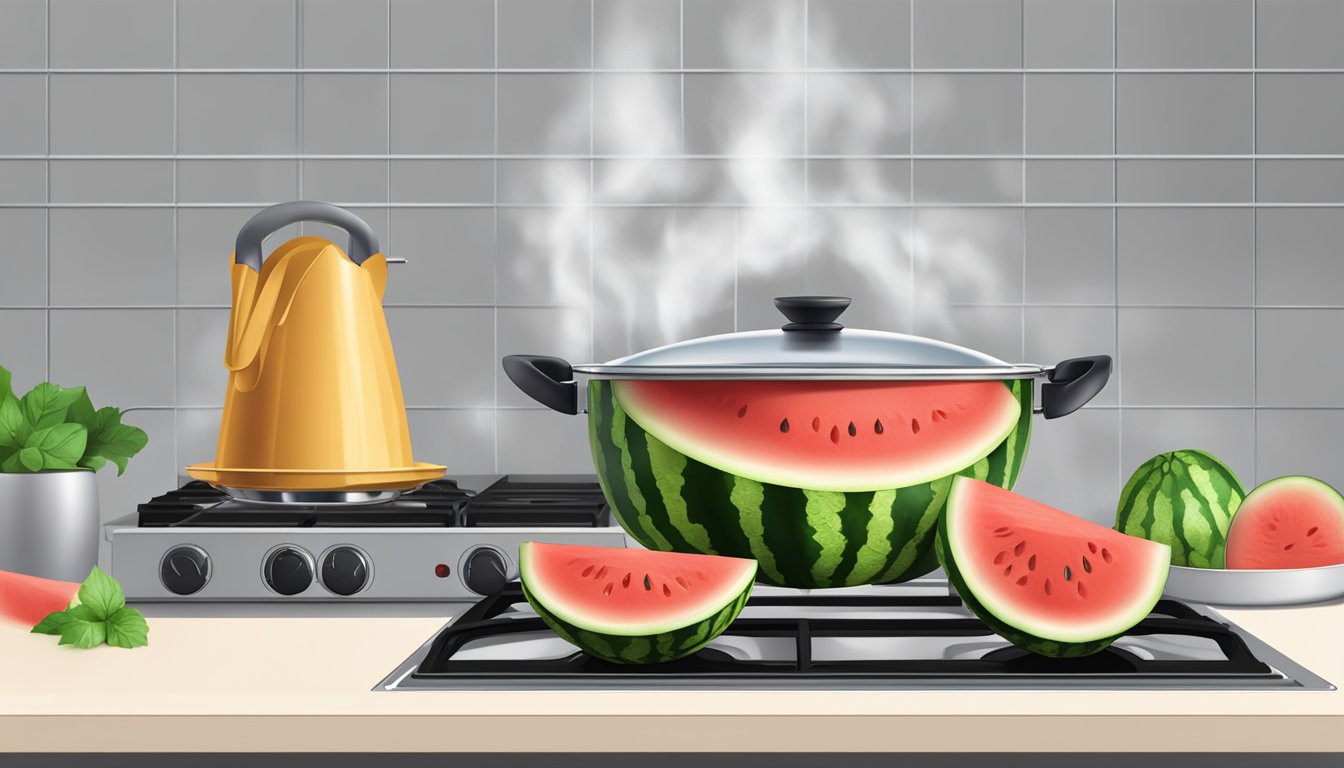 Fresh watermelon rind boiling in a pot of water on a stove