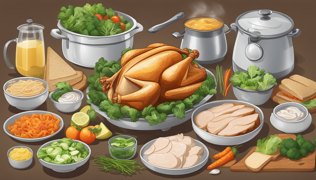 A pot of boiling water with a fresh turkey breast inside, surrounded by ingredients for sandwiches and salads