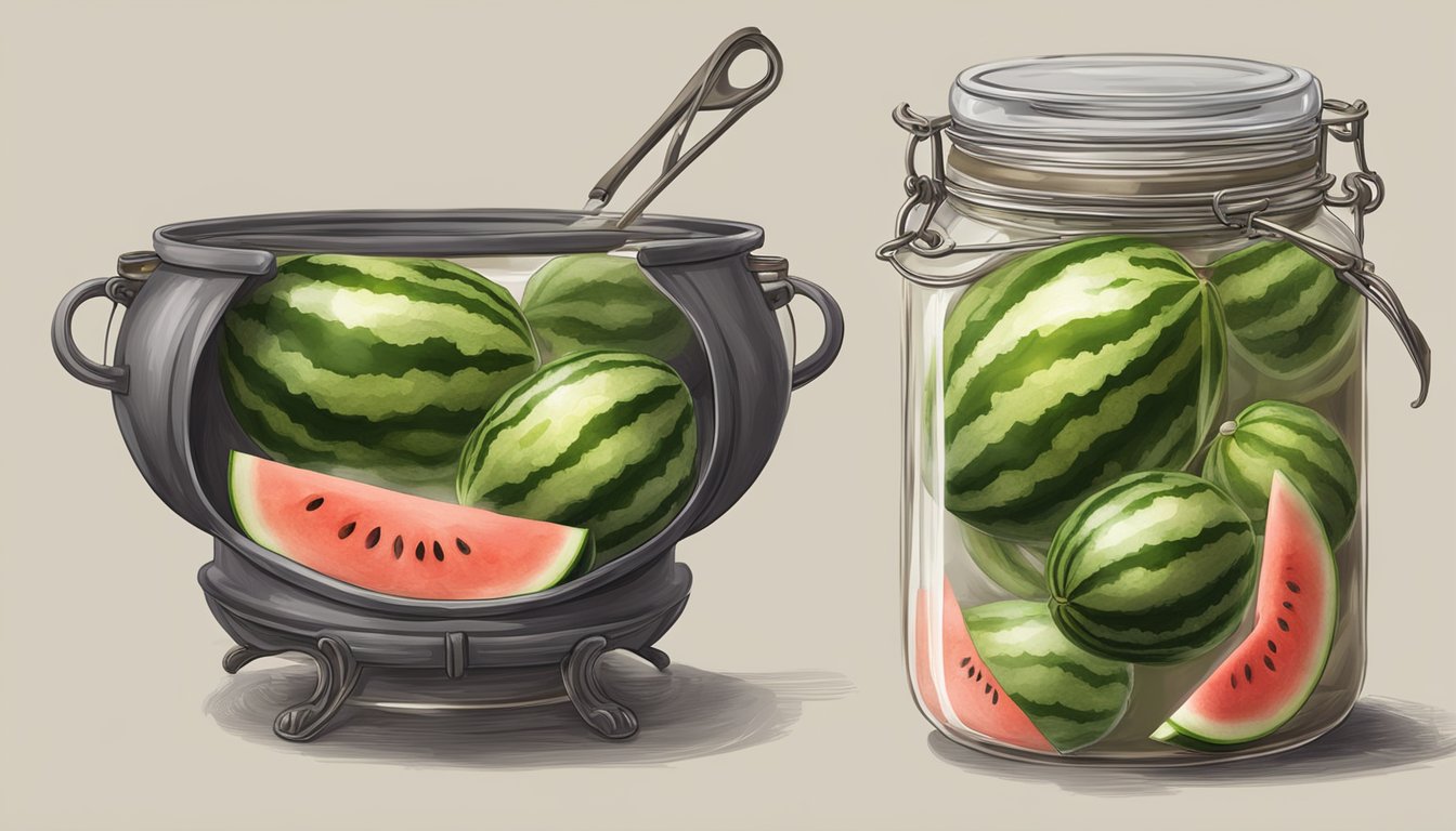 A pot of boiling watermelon rind in pickling brine