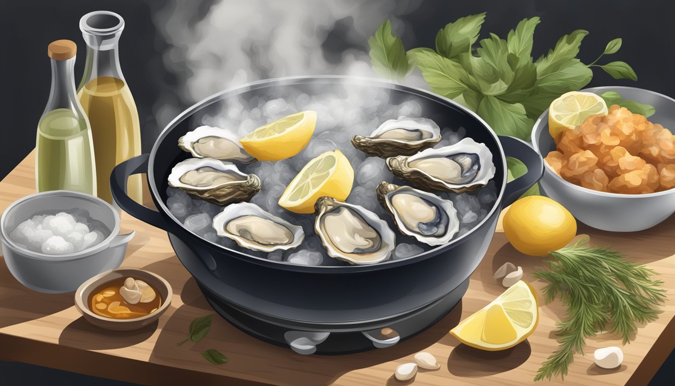 Fresh oysters boiling in a pot, steam rising, surrounded by ingredients for stews and dressings on a kitchen counter