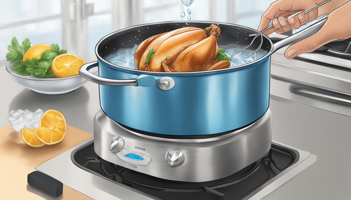 A pot of water boiling on a stove, with a fresh turkey breast being carefully lowered into the water by a pair of tongs