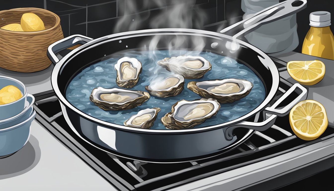 A pot of water boiling on a stove, with fresh oysters being dropped in and bubbling as they cook