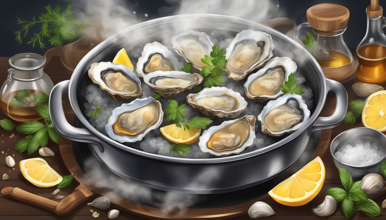 Fresh oysters simmering in a pot of flavorful stew, surrounded by aromatic herbs and spices, steam rising from the bubbling liquid