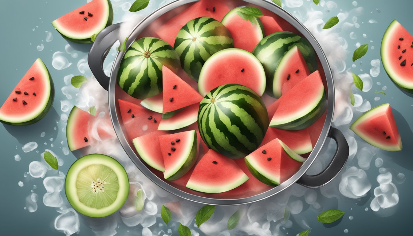 Fresh watermelon rinds boiling in a pot of water, steam rising, with various flavorings and spices scattered nearby