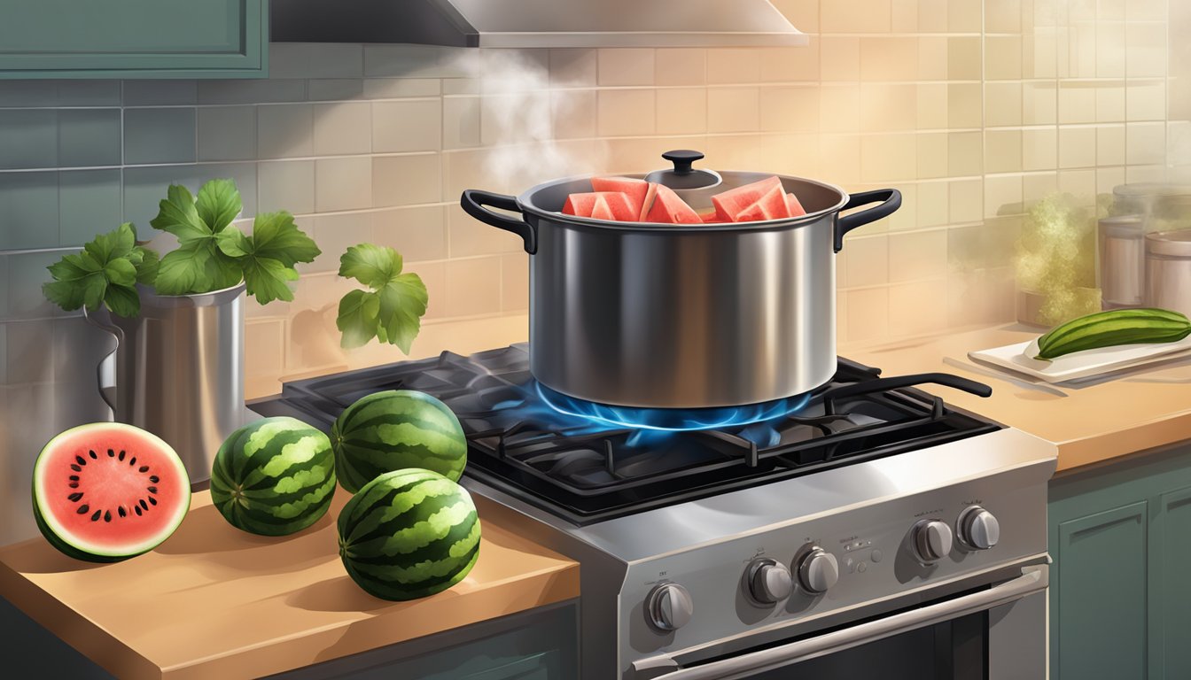 Fresh watermelon rind boiling in a pot on a stove, steam rising, pickling spices nearby