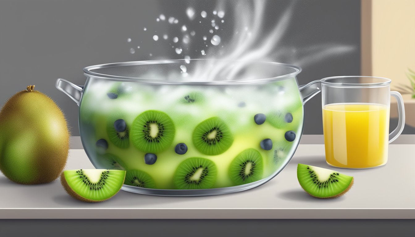 A pot of boiling water with fresh kiwifruit being dropped in