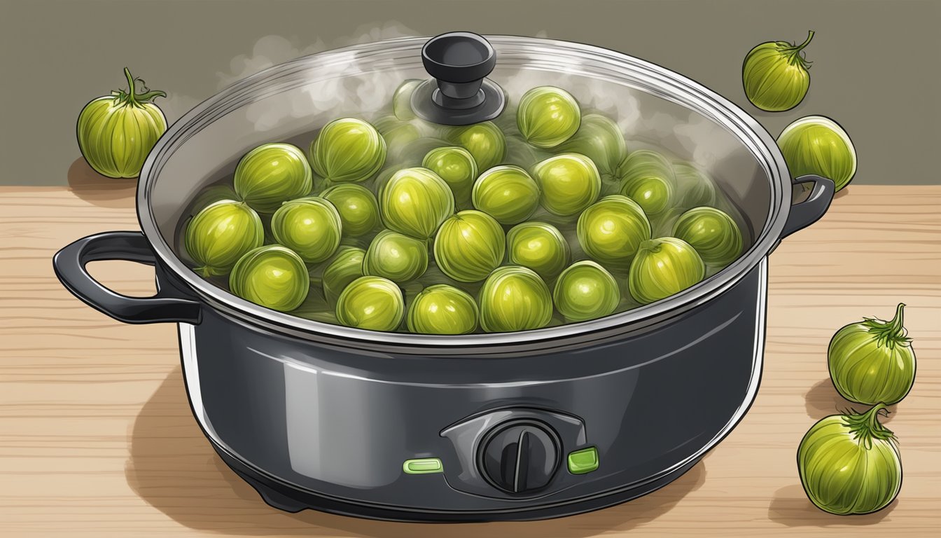 Fresh gooseberries simmering in a pot on a stovetop, steam rising as they boil to perfection for pies and preserves