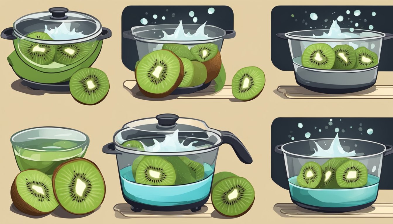 Fresh kiwis being washed under running water, then sliced into rounds on a cutting board. Water boiling in a pot on the stove