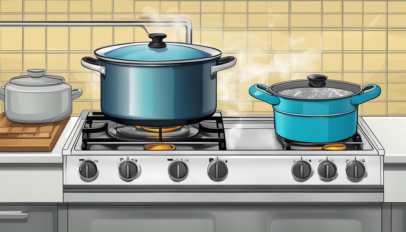 A pot of water boiling on a stove, with a fresh haddock placed nearby and a timer set for the recommended cooking time