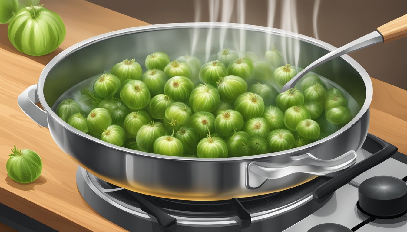 Fresh gooseberries simmering in a pot of water on a stovetop. A wooden spoon stirs the berries as steam rises from the pot