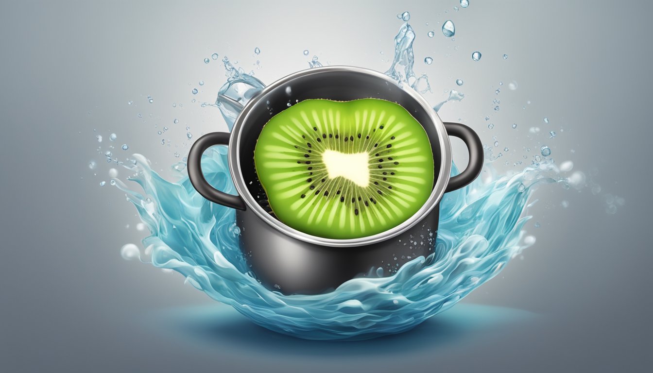 A pot of boiling water with fresh kiwi floating inside, steam rising