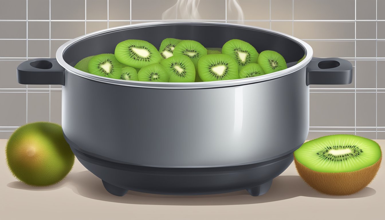 A pot of boiling water with fresh kiwifruit being gently lowered in