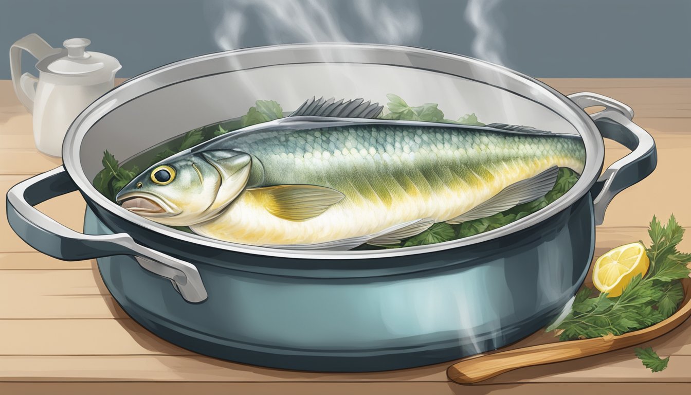 A pot of boiling water with fresh haddock being gently lowered in