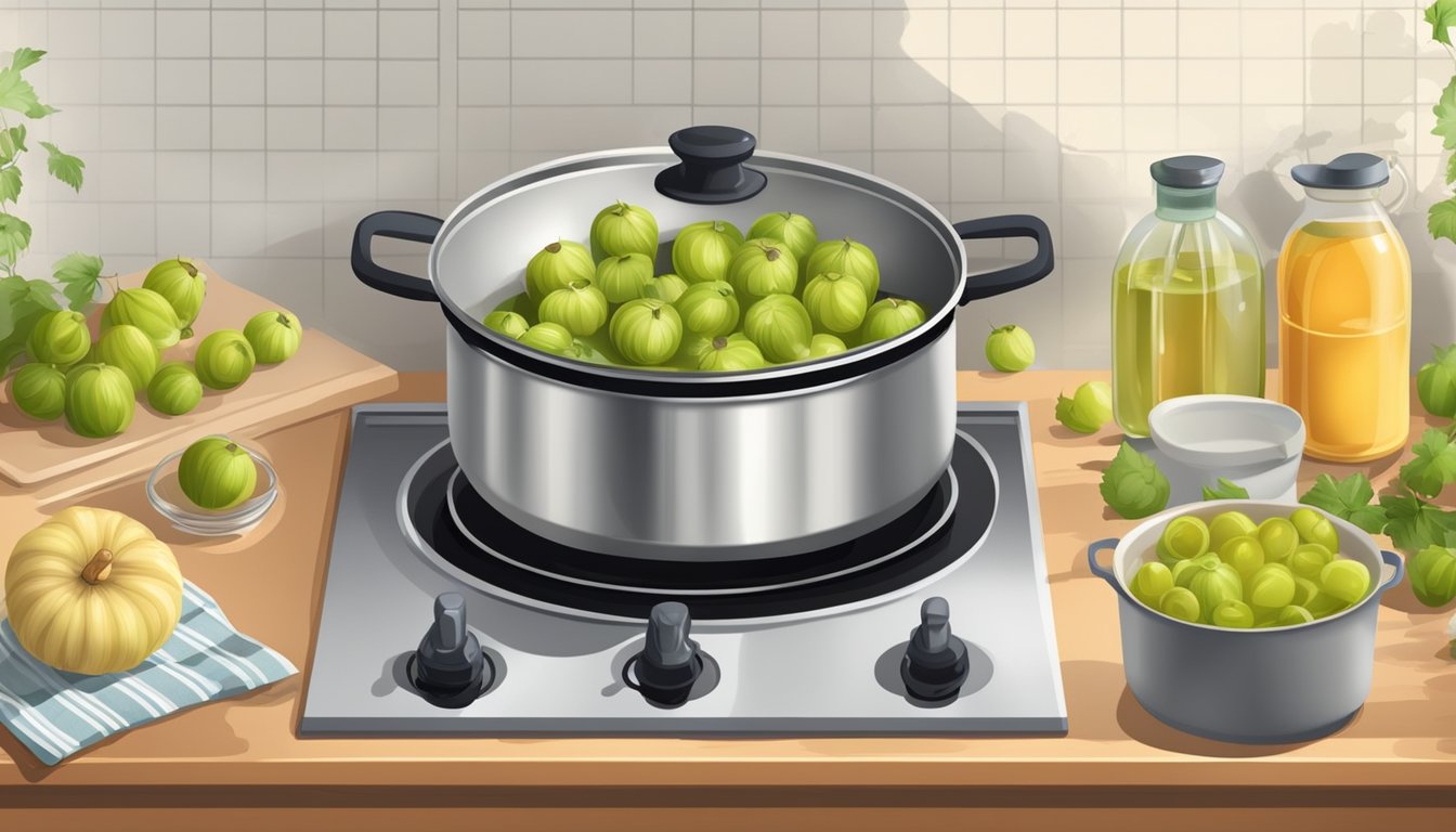 Fresh gooseberries boiling in a pot on a stove. A timer set nearby. Ingredients for pie and preserves laid out on the counter