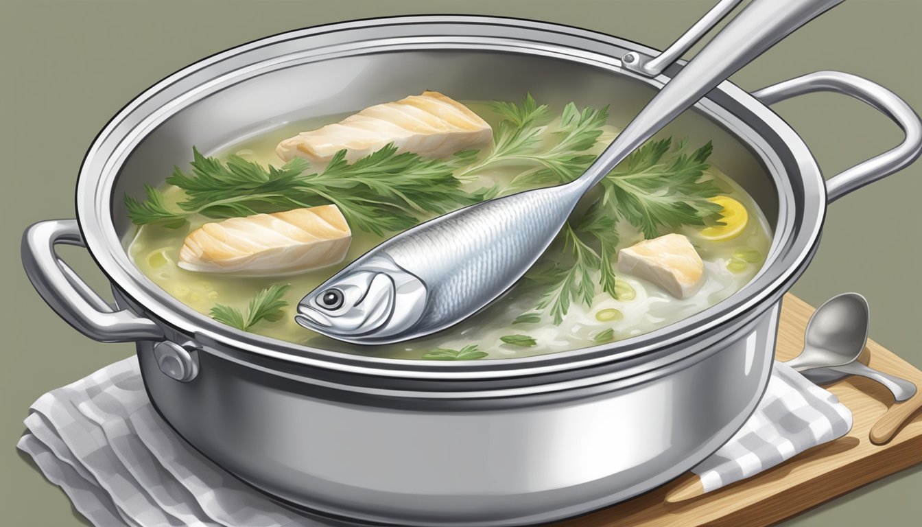 A pot of boiling water with a fresh haddock being gently lowered in with a slotted spoon