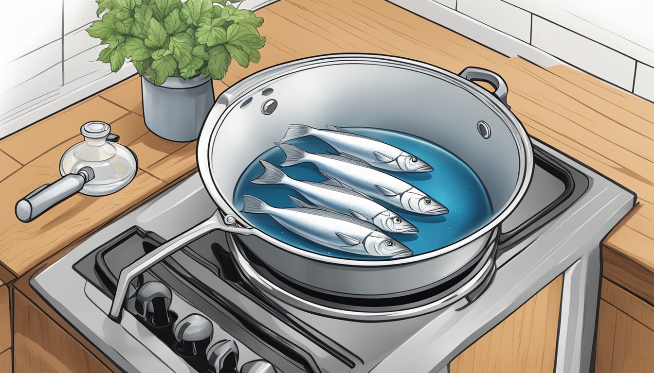 A pot of water boiling on a stove, with fresh haddock ready to be added