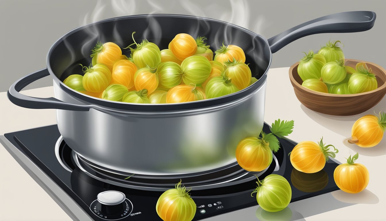 Fresh gooseberries boiling in a pot on a stovetop, releasing their sweet aroma as they cook to perfection for pies and preserves