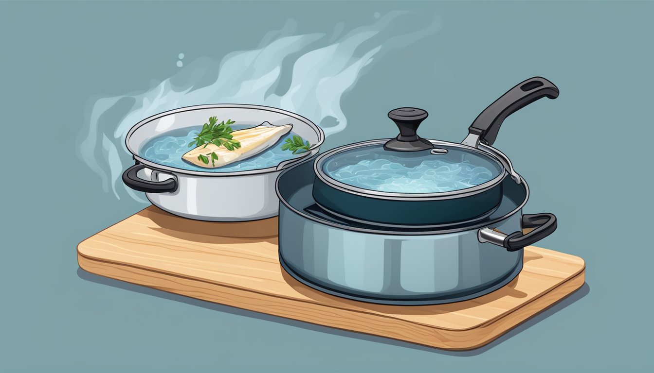 A pot of water boiling on a stove, with a fresh haddock placed on a cutting board next to it