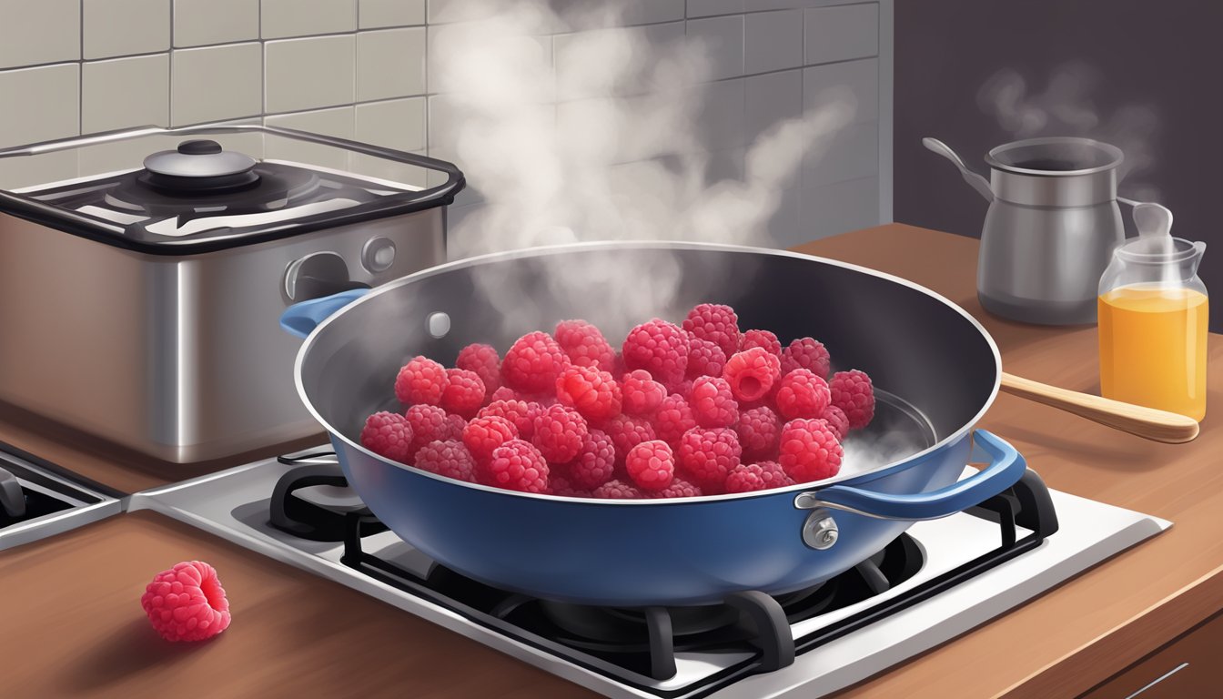 Fresh raspberries boiling in a pot on a stovetop, steam rising, with a wooden spoon stirring the mixture