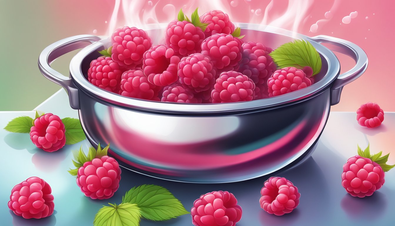 Fresh raspberries boiling in a pot, releasing their vibrant color and aroma, as the coulis reaches the perfect consistency for fillings