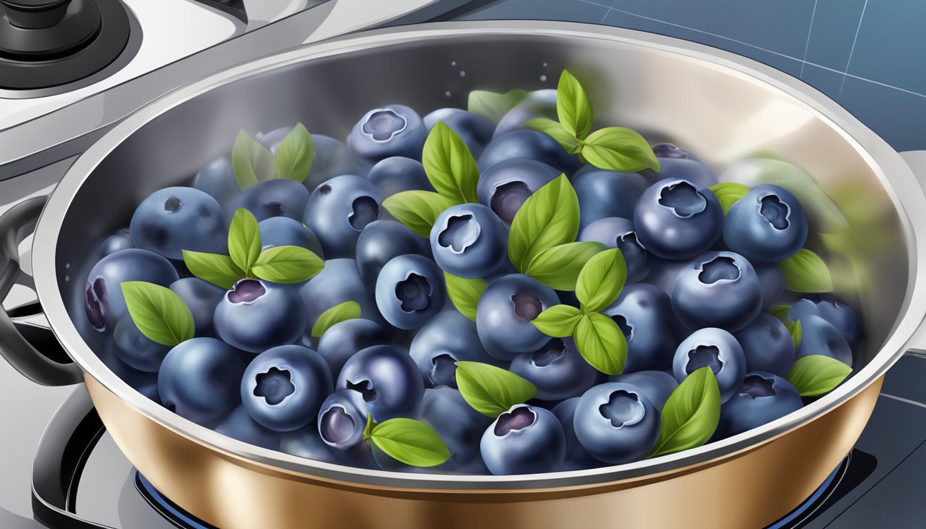 Fresh blueberries simmer in a pot on a stovetop, releasing their sweet aroma as they boil to perfection for jams and sauces