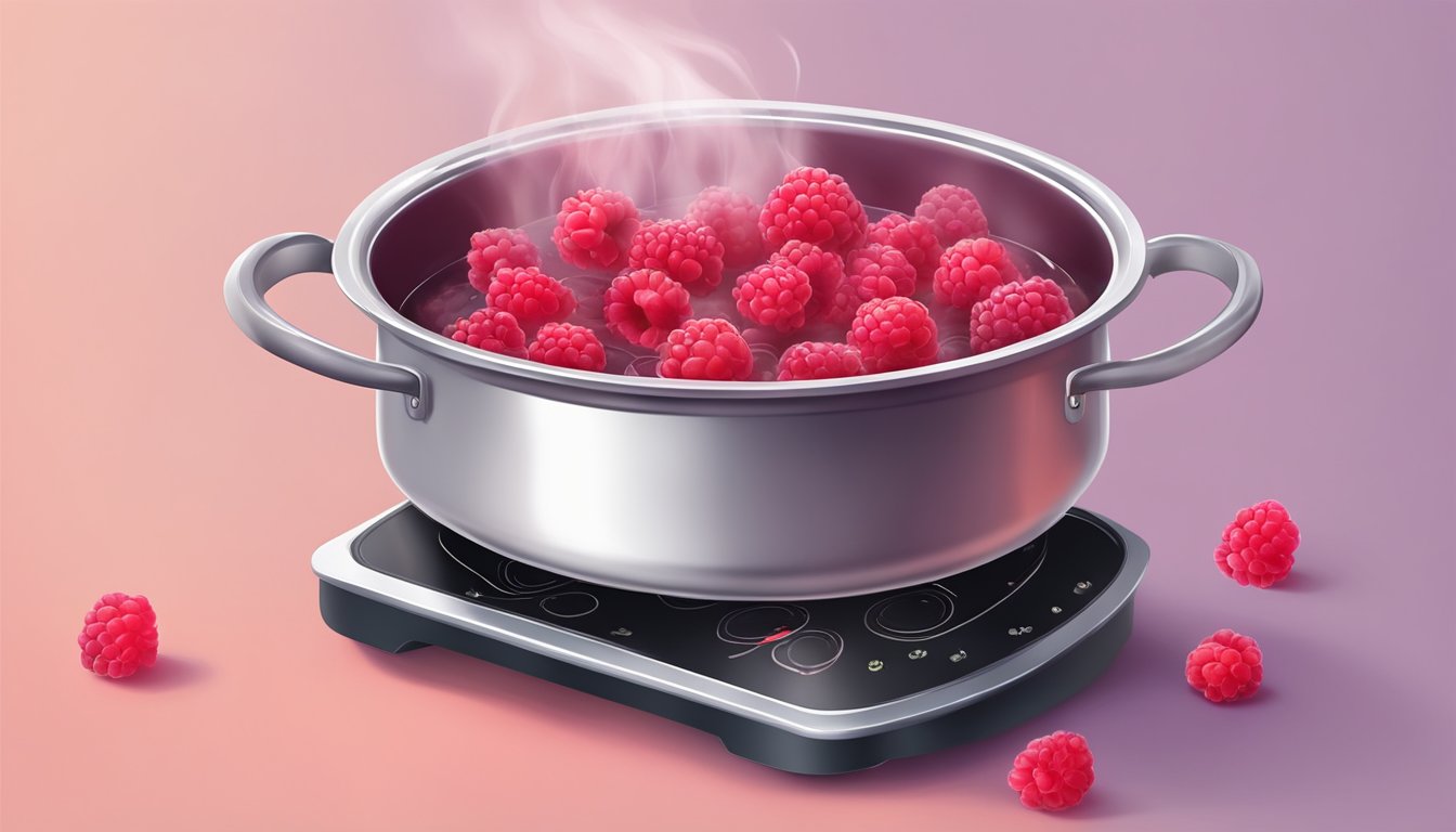 Fresh raspberries boiling in a pot on a stove, steam rising as they cook to make the perfect coulis and fillings