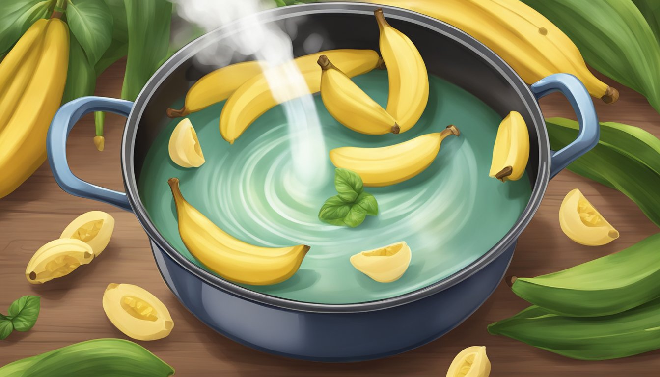 A pot of boiling water with ripe plantains being dropped in