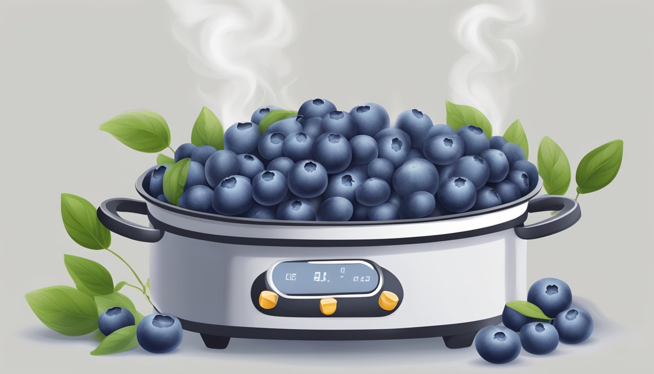 Fresh blueberries in a pot of boiling water, steam rising, as a timer counts down