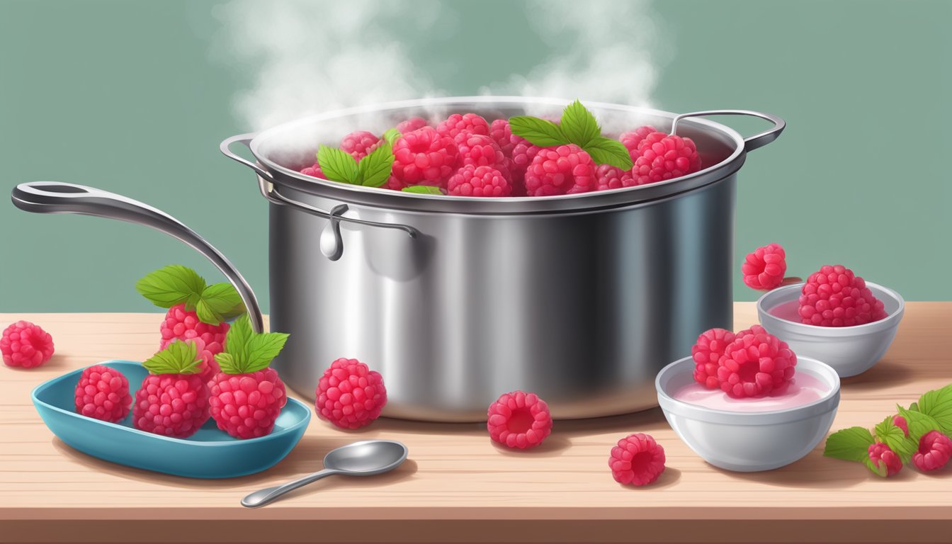 Fresh raspberries boiling in a pot, steam rising, with a spoon stirring the mixture to create a perfect coulis and filling