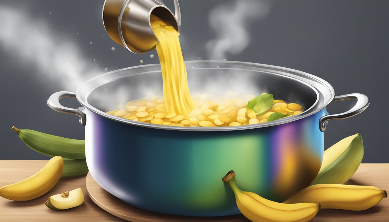 A pot of boiling water with plantains being dropped in