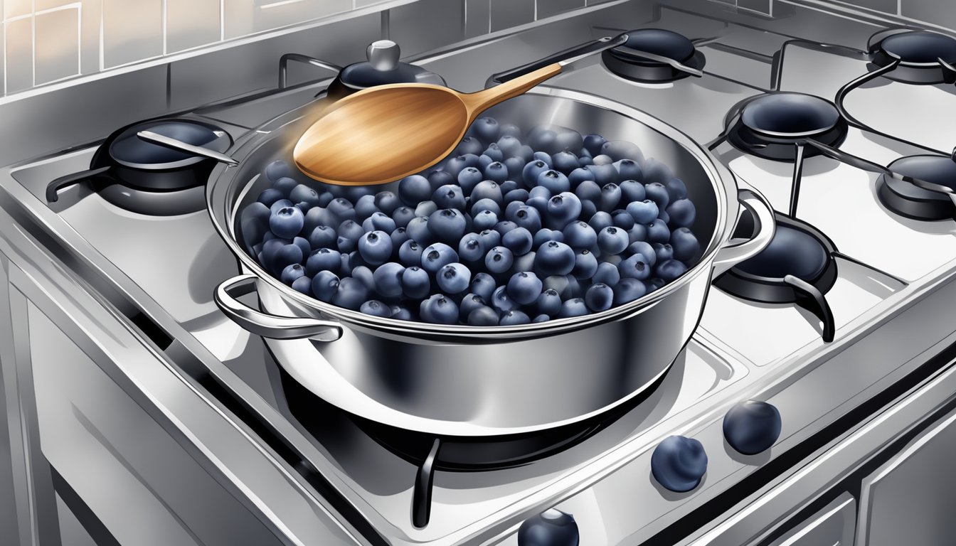 Fresh blueberries boiling in a pot on a stove, releasing their sweet aroma as they cook to perfection for making jams and sauces