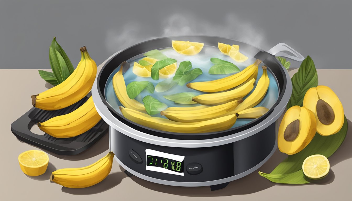 A pot of boiling water with plantains floating inside, a timer set nearby. A plate of sliced plantains and a variety of pairing options on the side