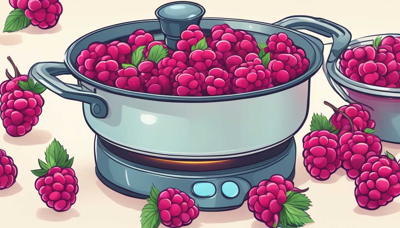 Fresh raspberries boiling in a pot, releasing vibrant color and aroma. A timer set for perfect coulis and fillings