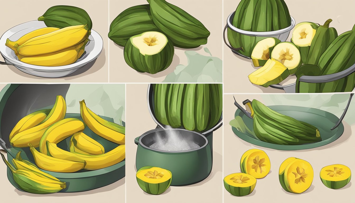 Ripe plantains being peeled and cut into chunks, then placed into a pot of boiling water