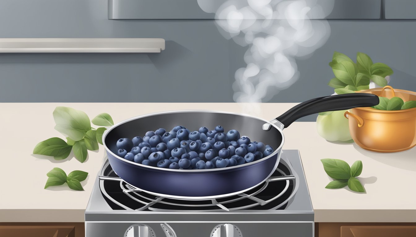 Fresh blueberries boiling in a pot on a stovetop, steam rising as they cook to perfection