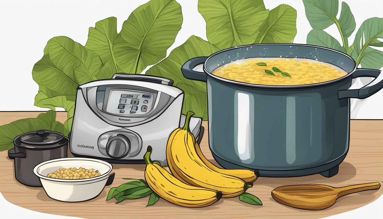 A pot of boiling water with plantains inside, a timer set for 10 minutes, and a cookbook open to a page on plantain cooking instructions