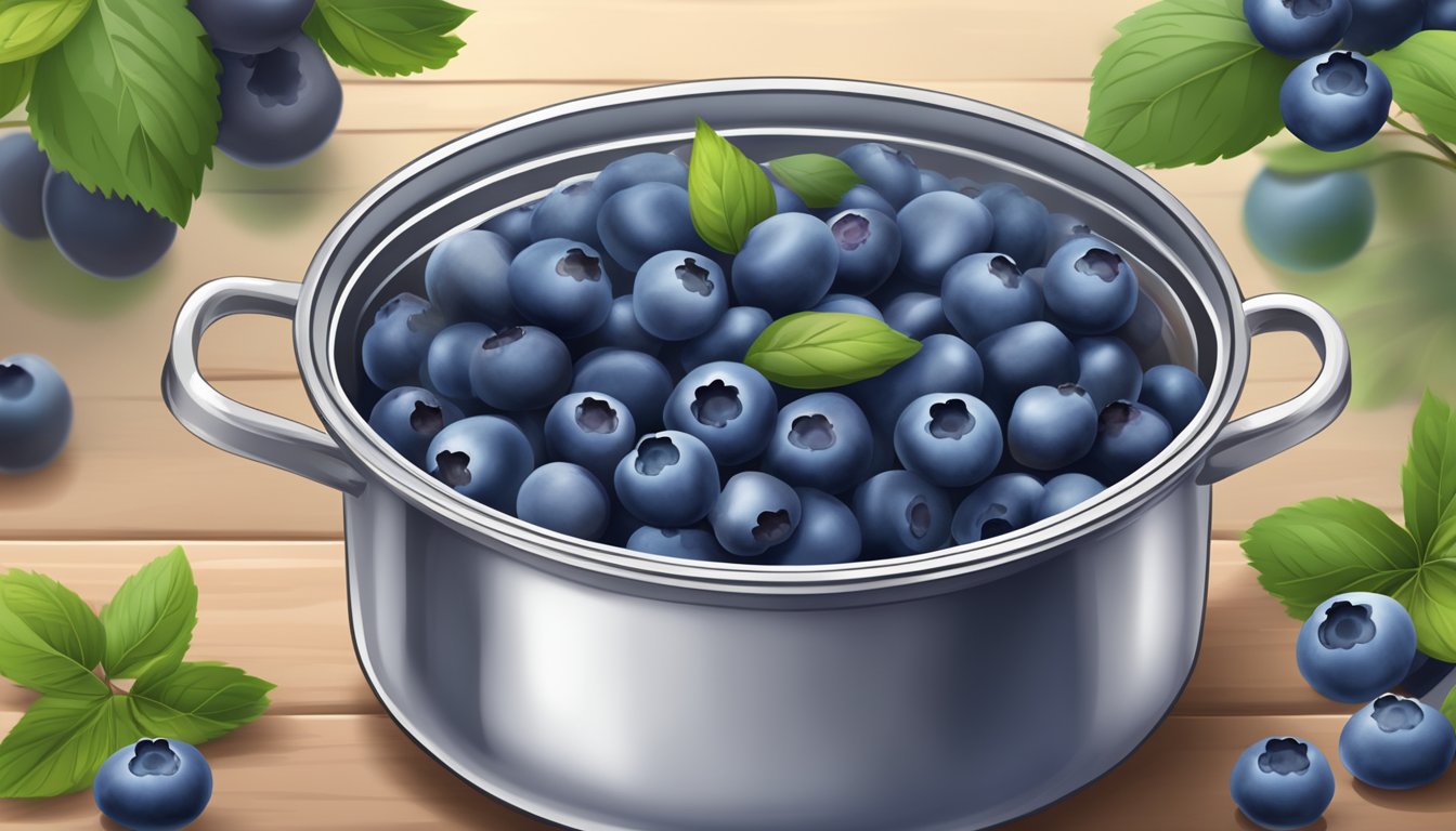 Fresh blueberries simmering in a pot, releasing their sweet aroma as they boil to perfection for making jams and sauces