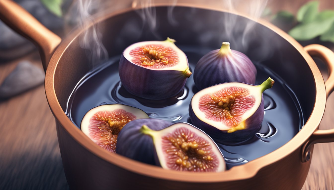 Fresh figs boiling in a pot of syrup, emitting a sweet aroma as they soften and release their natural juices