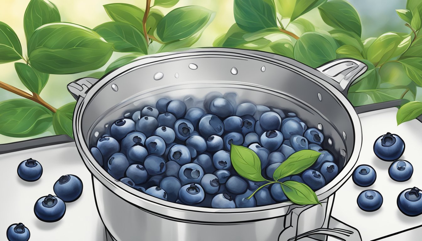 Fresh blueberries simmering in a pot of water on a stovetop, releasing their vibrant color and sweet aroma as they boil to perfection