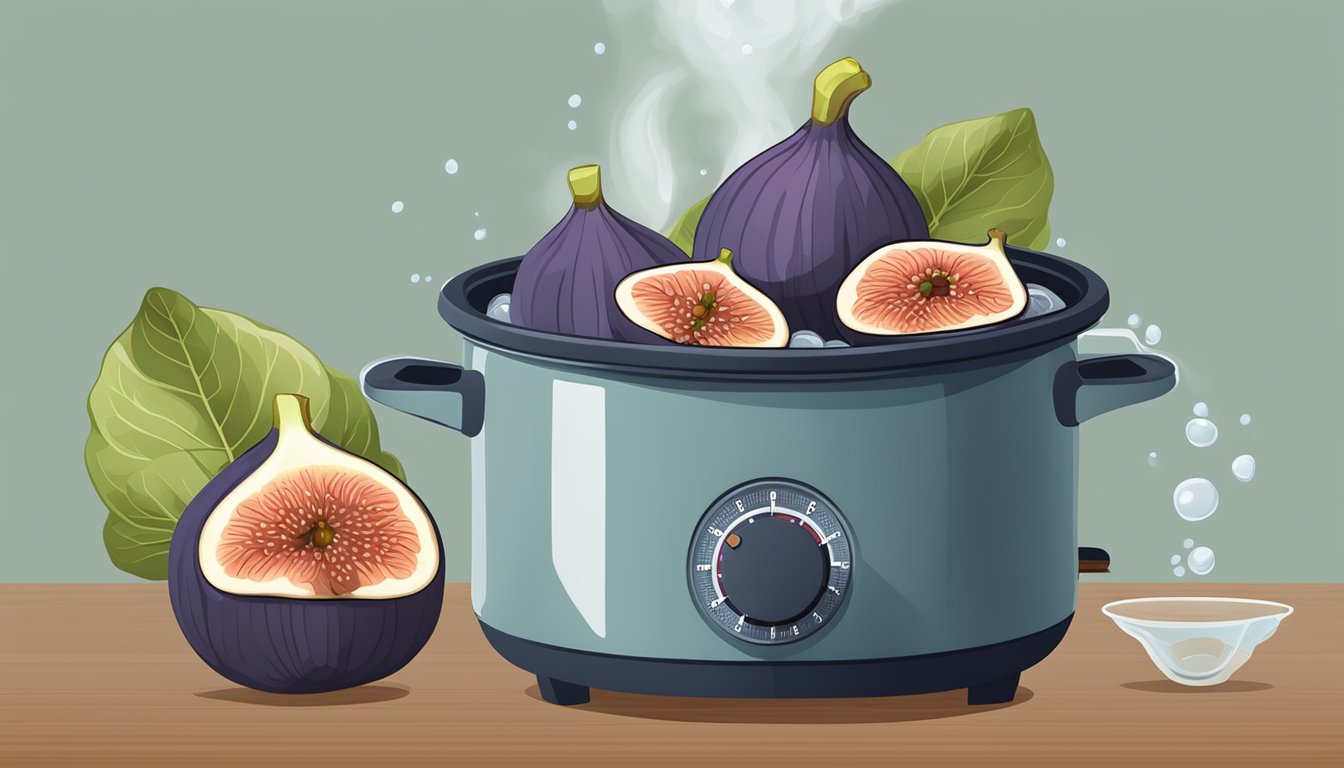 Fresh figs boiling in a pot of water, steam rising, with a timer set nearby