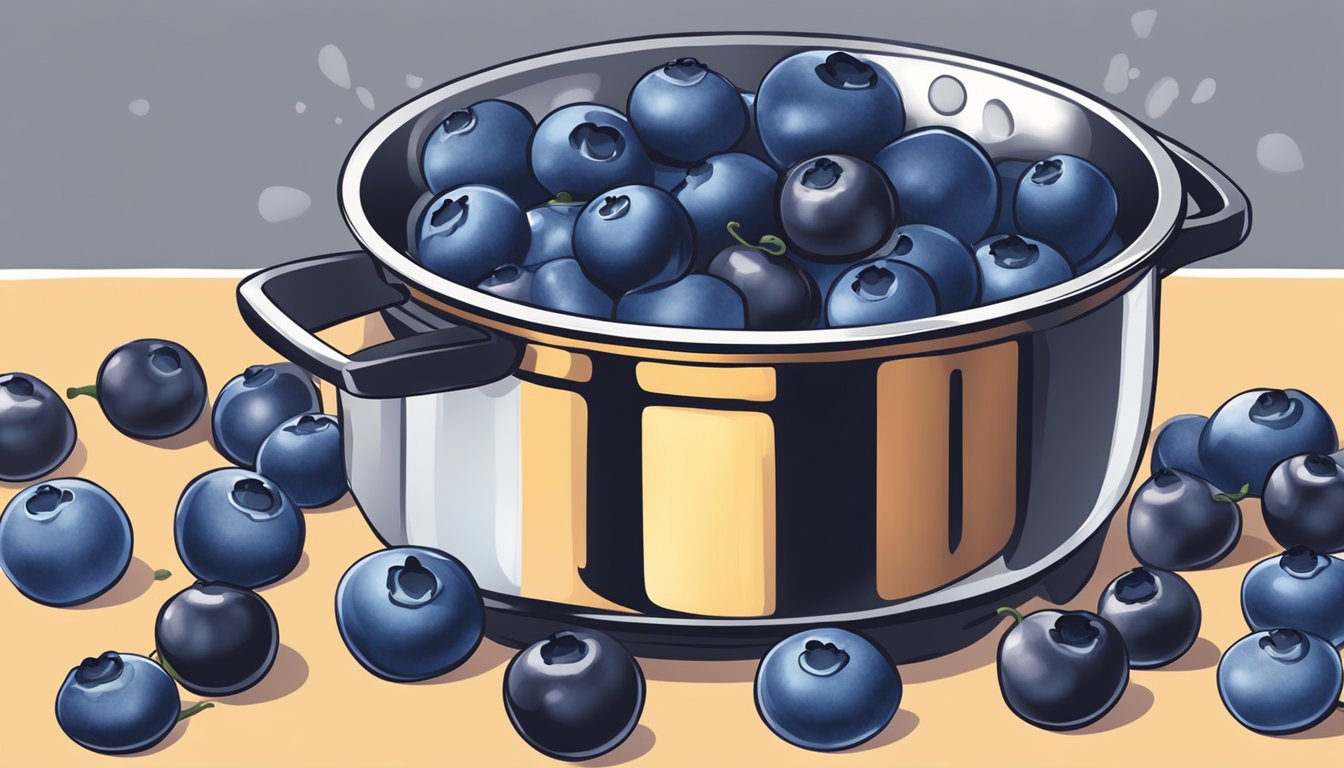 Fresh blueberries boiling in a pot on a stovetop, releasing their vibrant color and sweet aroma as they cook down to make perfect jams and sauces