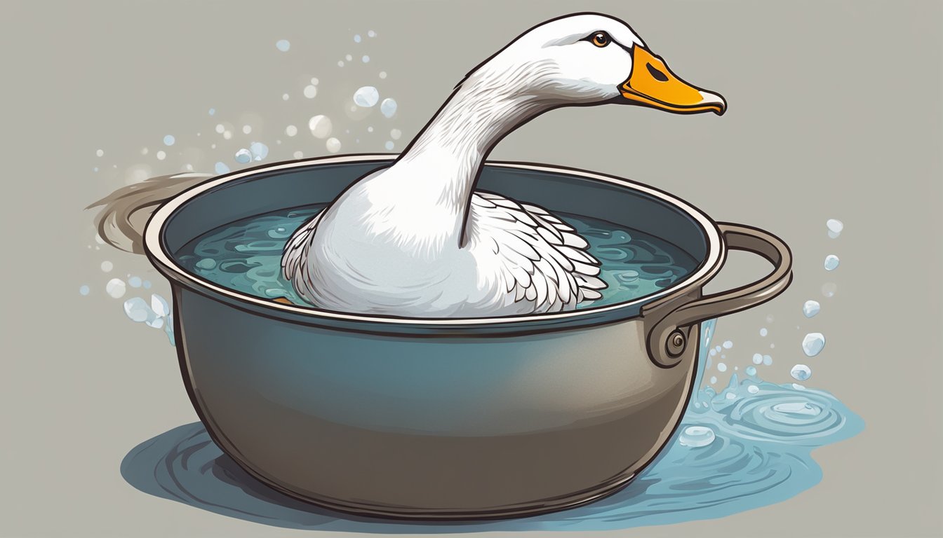 A pot of boiling water with a whole fresh goose being submerged into it