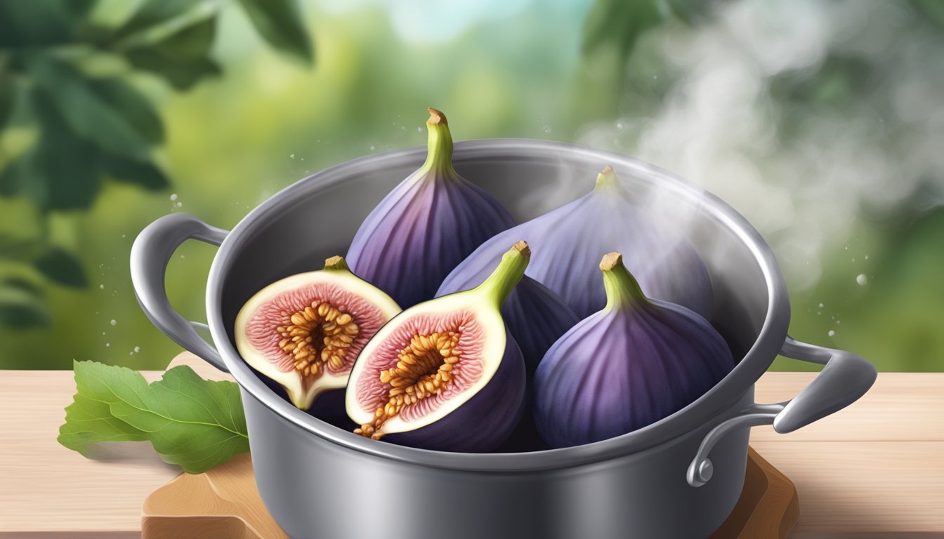 Fresh figs boiling in a pot of syrup, releasing their sweet aroma as steam rises