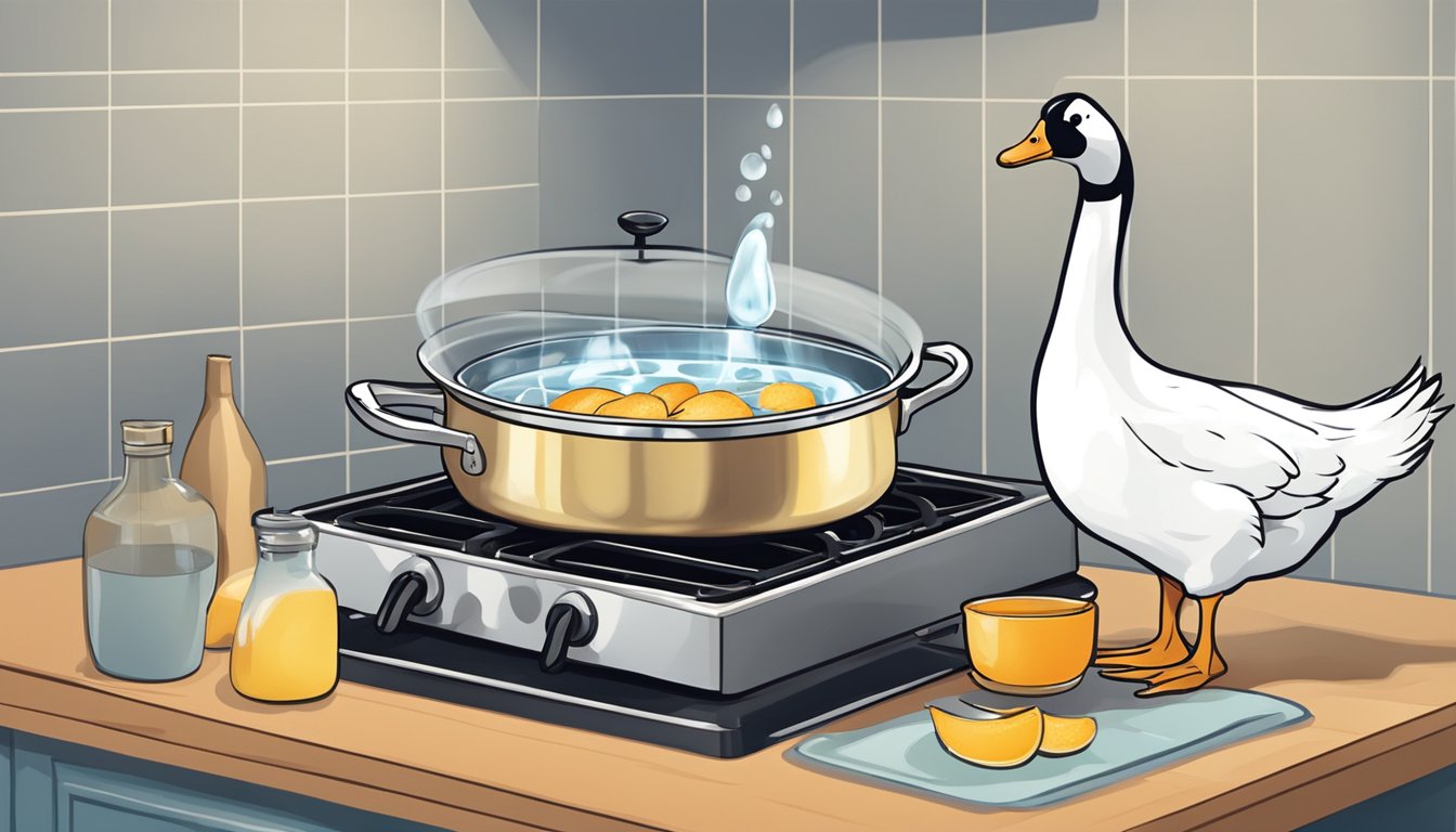 A pot of water on a stove with a whole fresh goose next to it