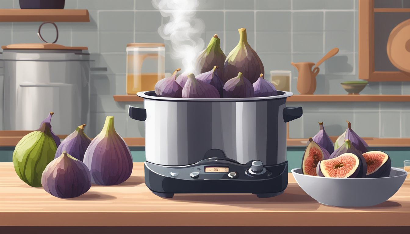 Fresh figs boiling in a pot, releasing their sweet aroma as steam rises, with a timer set nearby. A jar of fig syrup and a plate of desserts sit on the counter