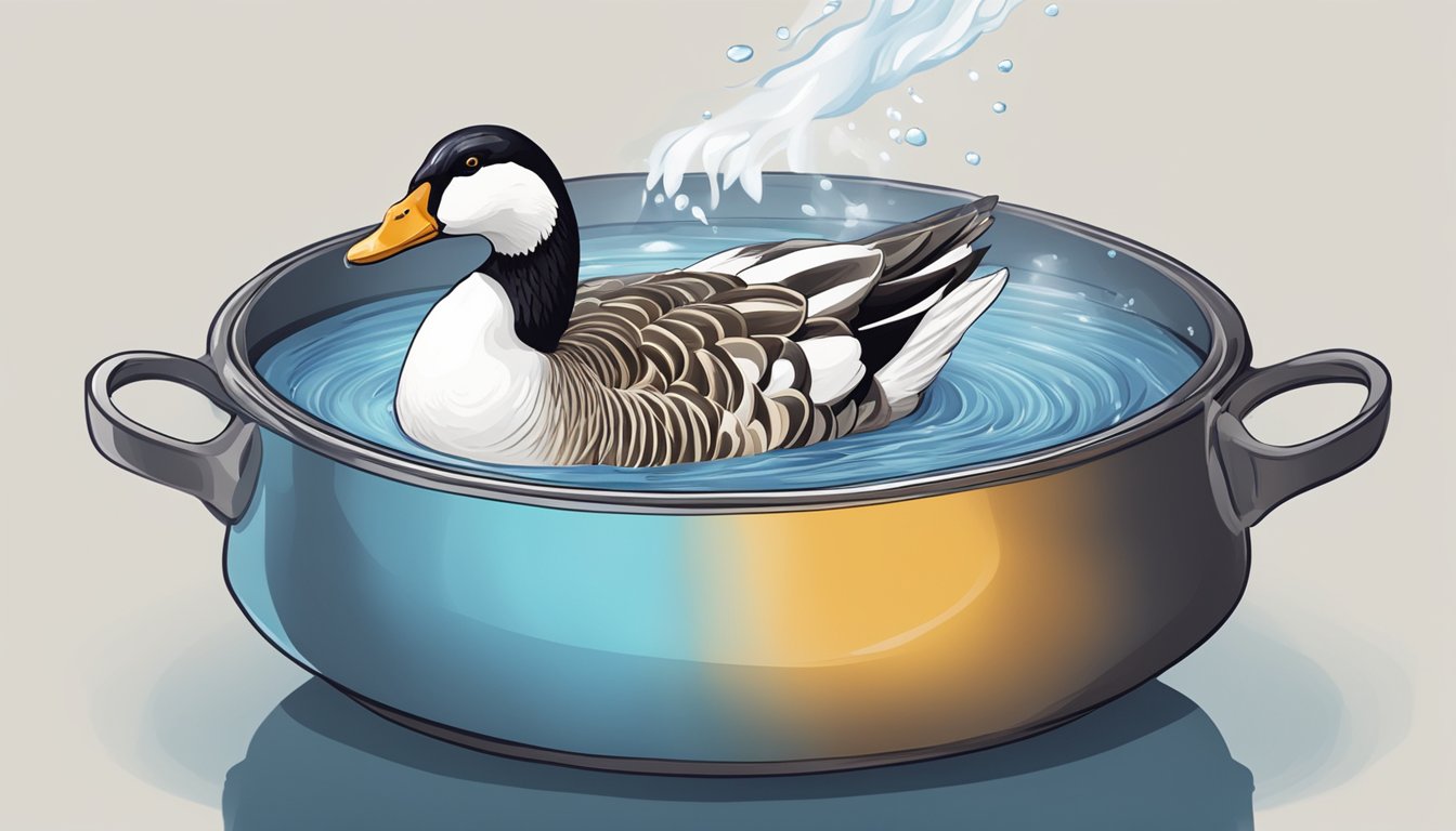 A pot of water with a whole fresh goose submerged, steam rising