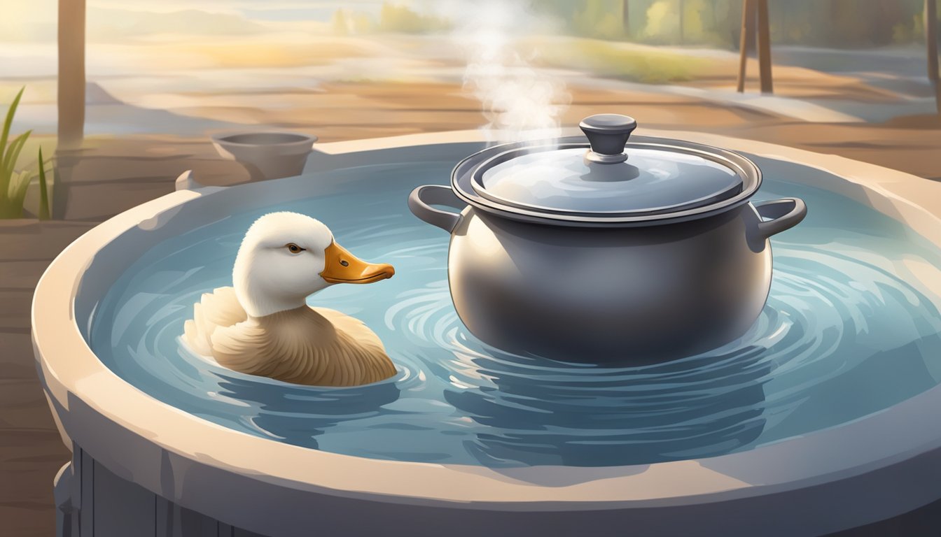 A pot of boiling water with a fresh goose floating inside, steam rising from the surface