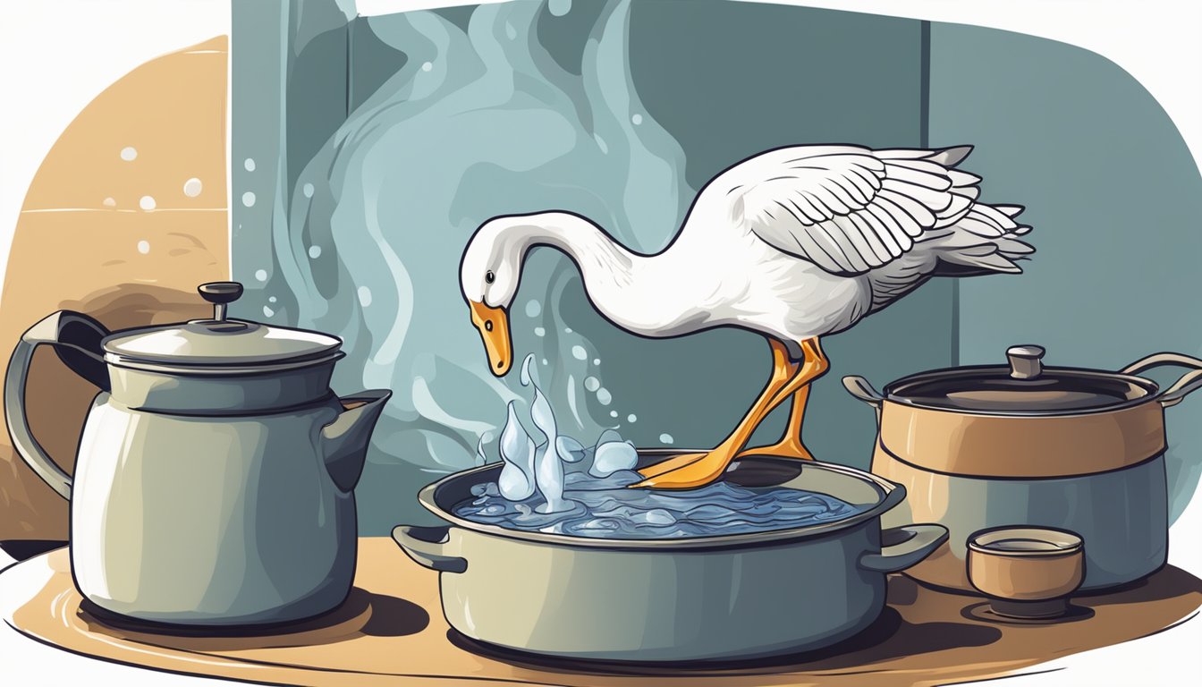 A pot of water boiling on a stove, with a whole fresh goose sitting nearby