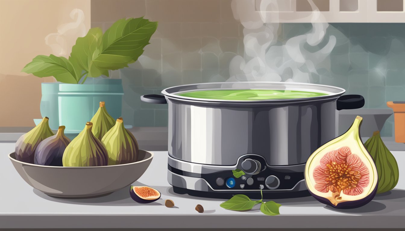 Fresh figs simmering in a pot of water, steam rising, with a timer set nearby. A spoon rests on the counter next to a bowl of sugar